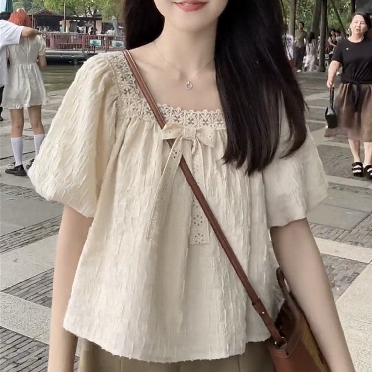 Áo kiểu cổ vuông phối ren lưới màu trơn thời trang babydoll thường ngày cho nữ NATIDE_STORE_FG048