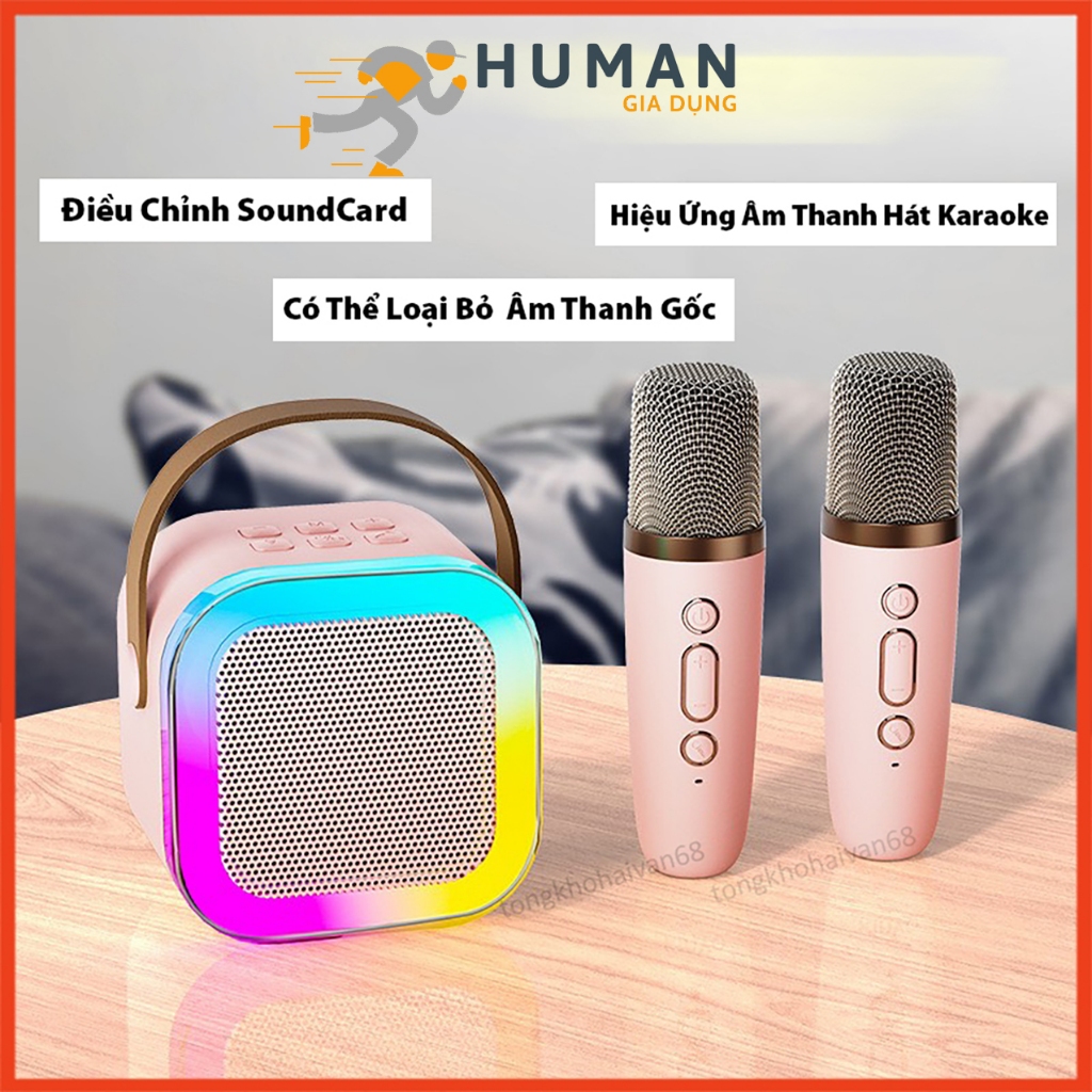 Loa bluetooth mini hát karaoke tặng kèm 2 mic có thể thay đổi giọng nhỏ gọn có thể mang theo mọi nơi.