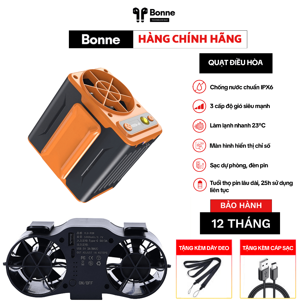 Quạt gắn thắt lưng điều hòa cao cấp by Bonne, Quạt đa năng công suất lớn kiêm sạc dự phòng, có đèn pin chiếu sáng.