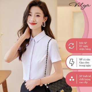 Áo sơ mi công sở nữ cổ đức tay ngắn nẹp giấu cúc SM24-02