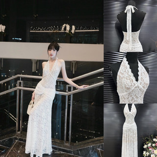 👗đầm maxi yếm ren nhún thiết kế