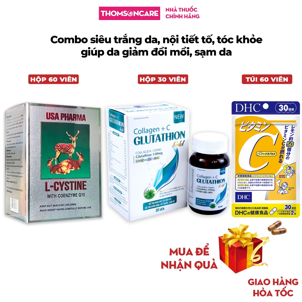 Combo viên uống siêu trắng da DHC Vitamin C 60v, Lcystine 60v, Glutathion gold 30v, giúp đẹp da, tóc khỏe, nội tiết tố