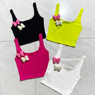 Áo Thun Croptop 2 DÂY BẢNG TO ĐÍNH NƠ ĐÔI UN Dễ Thương (Mẫu Mới), chất thun borip loại 1, Hình và vide