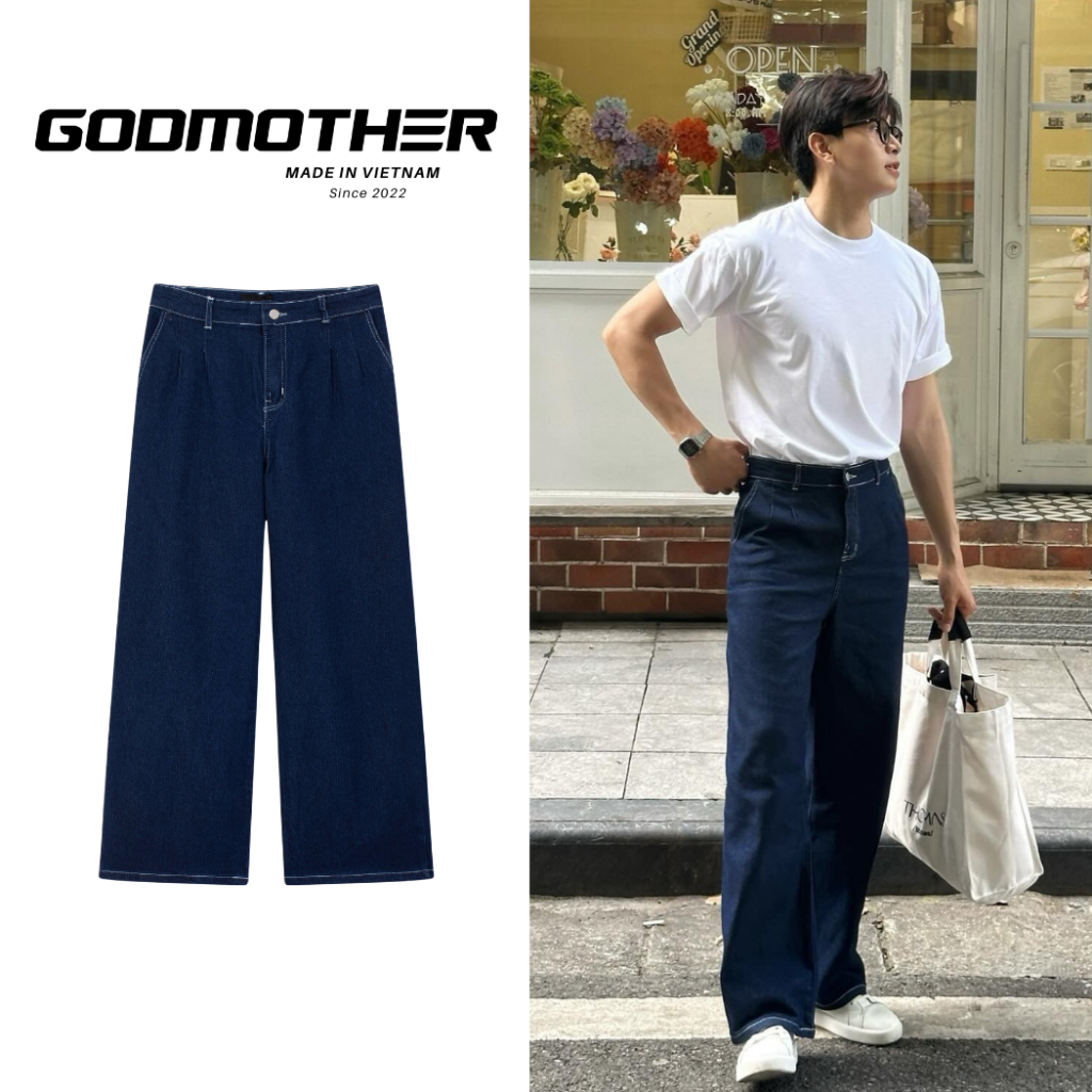 Quần Denim Dài Ống Suông Rộng GODMOTHER Quần Dáng Dài Chất Liệu Jean Phong Cách Trẻ Trung Nam Nữ