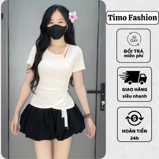 Áo kiểu nữ ngắn tay TIMO, Áo thun nữ cổ vuông, có đan dây chéo vai, chiết eo, form ôm, mặc đi chơi, AOT142