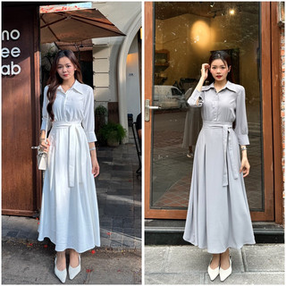 Váy đầm maxi sơ mi tay lỡ lưng chun Hamyclothing