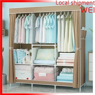 【Local shop】Tủ quần áo đơn giản Vải Tủ vải gấp Kinh tế Tủ thu Phòng ngủ Treo tủ móc thép Màu cà phê nhạt Sâu
