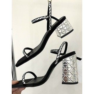 Sandal cao gót Shu Store xăng đan nữ gót vuông cao 5cm và 10cm đính đá mũi vuông