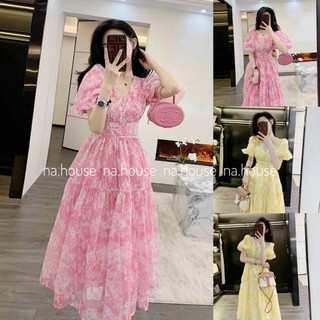  Đầm hoa nhí tay bồng cổ V đi chơi đi biển dạo phố Nahouse váy voan hoa vàng hồng dáng xòe thiết kế đẹp xinh xịn sang 