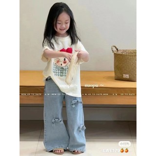 Bộ cộc tay cho bé gái, set áo cotton màu trắng hoạ tiết bé gái phối quần jean phong cách cho bé 10-30kg PINKYKIDS