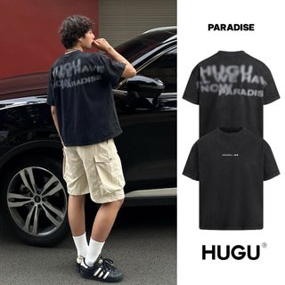Áo thun cotton wash tay ngắn, form boxy, unisex thêu logo local brand hugu - paradise acid washed