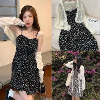 Set váy 2 dây hoa nhí đen kèm áo khoác cadigan ren viền bèo tiểu thư cho nữ