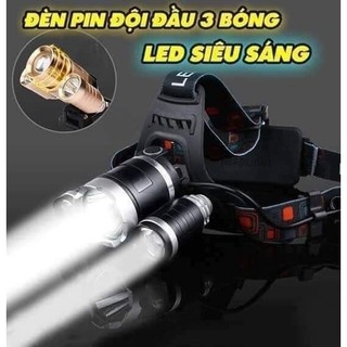 Đèn pin đội đầu siêu sáng Corisu, đèn đội đầu 3 bóng led t6 siêu sáng kèm 2 pin và sạc, chống nước