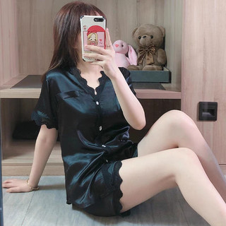 Đồ ngủ LỤA / bộ mặc nhà phối viền ren chất liệu lụa satin mềm mịn kèm quần đùi siêu cute freesize dưới 58kg