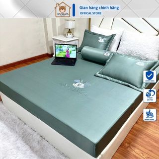 Set ga gối phi lụa MicKey bo chun, set 3 món drap giường vải phi lụa thoáng mát thêu hình dễ thương