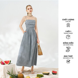 Đầm maxi resort thô karo đen trắng xếp nhún thân 411dr3003 adore dress