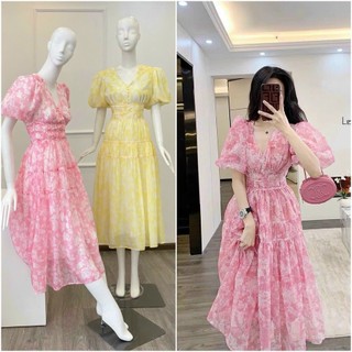 Đầm hoa tay ngắn phồng đính cườm dáng xòe chất voan mềm cao cấp đẹp dịu ngọt