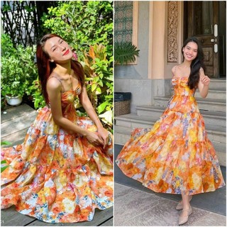  Đầm maxi đi biển hoa vàng dây đan lưng dáng dài xòe rực rỡ 