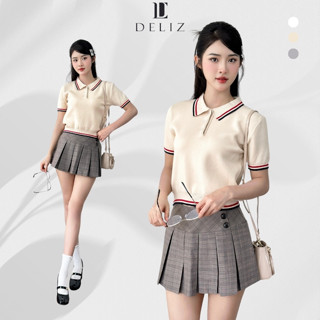 Áo len mỏng cộc tay cho nữ dáng polo chất len lông thỏ form ôm tay ngắn cổ bẻ thanh lịch DELIZ PL03