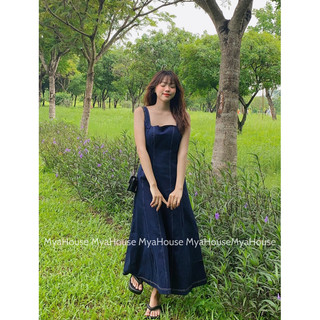 Đầm midi jean denim 2 dây