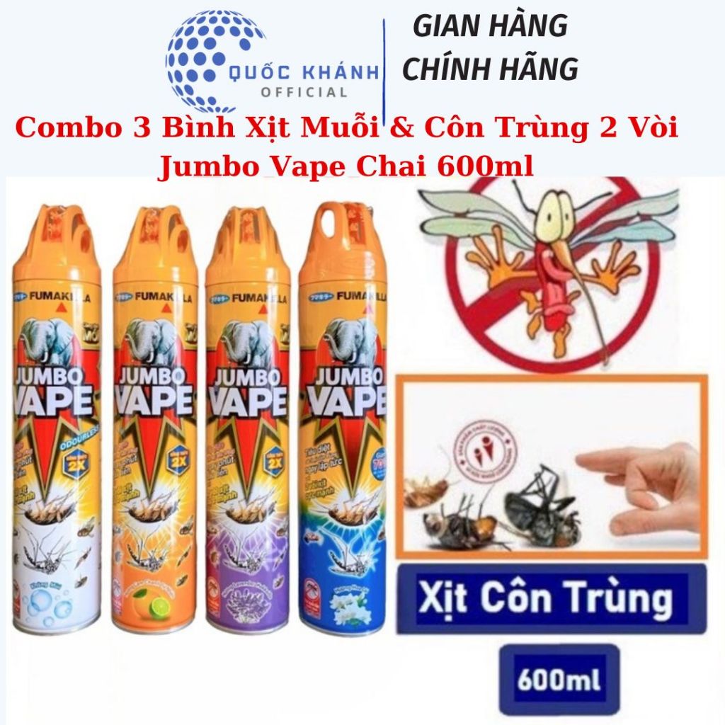 Combo 3 Bình Xịt Muỗi & Côn Trùng 2 Vòi Jumbo Vape Chai 600ml
