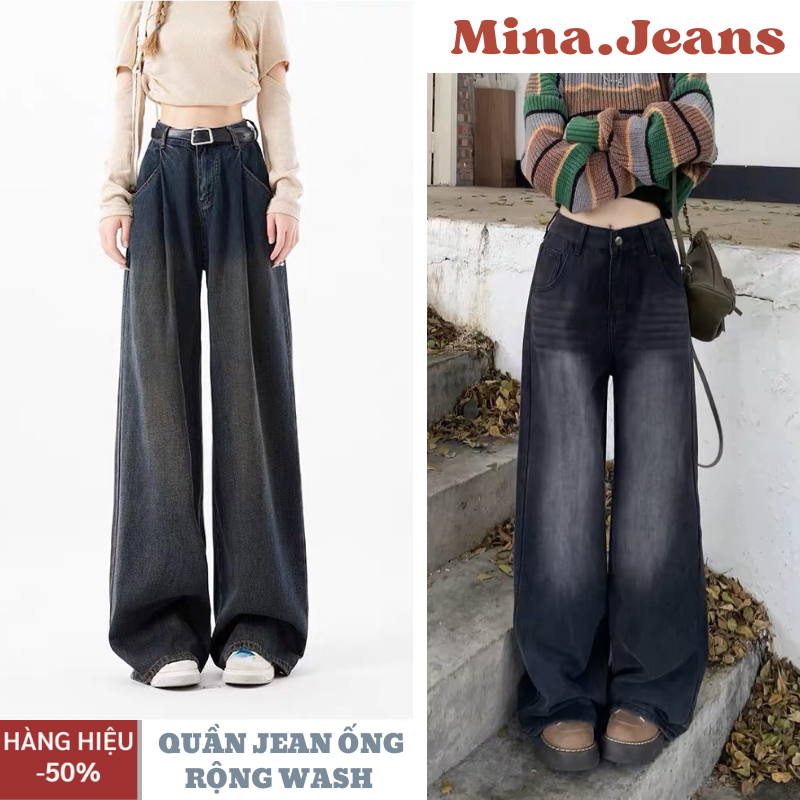 Quần jean ống suông rộng nữ MINA JEAN cạp cao ôm eo màu RETRO, quần bò dáng dài ống suông màu Wash cực hot trend 2024