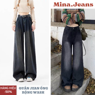 Quần jean ống suông rộng nữ MINA JEAN cạp cao ôm eo màu RETRO, quần bò dáng dài ống suông màu Wash cực hot trend 2024