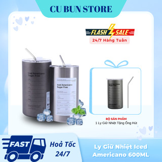 Ly cốc giữ nhiệt Iced Americano 600ml cao cấp bằng phép không gỉ 304, kèm ống hút