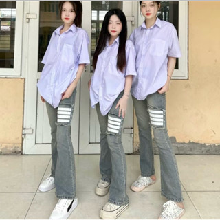 Quần jeans loe lưng cao mài đùi in vạch, quần bò ống loe chất co dãn mặc cực hack dáng mã QL25