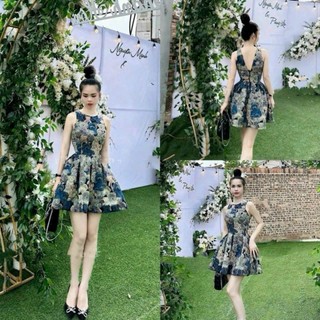 Đầm mini dáng xòe cổ tròn không tay chất bố in hoa xinh đẹp phù hợp đi chơi đi tiệc Ht217