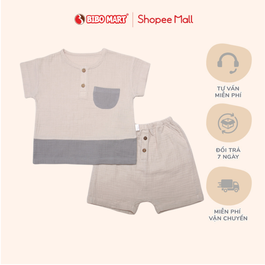 Set Bộ Bổ Trụ Cộc Tay Bé Trai Bibo’s Áo Xô Mix Quần Ghi Chất Liệu Cotton Mềm Mịn Thoáng Khí Mặc Hè T