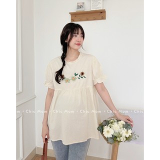 Áo Bầu Áo BBD trắng kem đính hoa nổi freesize từ 55kg-70kg ĐẦM BẦU CHIC MOM
