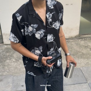 Áo Sơmi Nam cộc tay KAF cuban Lotus, áo cổ bẻ chữ V pijama lụa họa tiết lá Sen Xám Đen - GATE6 - 5175