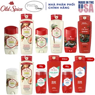 (NK Mỹ) Combo Old Spice Gel tắm 532ml / 473ml + Sáp Khử Mùi 85g / 73g Timber / Bearglove / Fiji / Pure Sport