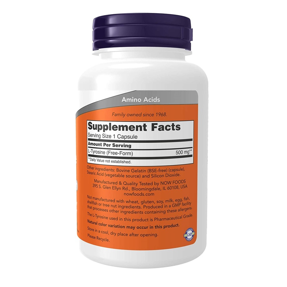 Viên uống Now L-Tyrosine 500mg hỗ trợ giảm căng thẳng, stress cải thiện trầm cảm, ổn định tuyến giáp