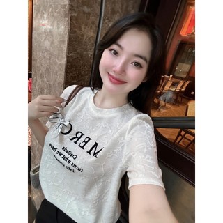 Áo thun ren hoa nữ tay ngắn cổ tròn in chữ MERCT nơ thật hàng Quảng Châu, áo phông mùa hè form vừa chất cotton 255263