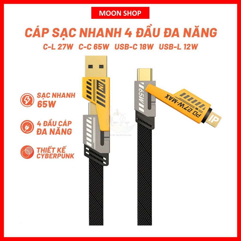 Sạc nhanh 4 đầu tiện lơi: C to L, C to C, USB to C, USB to L, công suất tối đa 65W cho iPhone và And