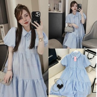 Váy bầu sọc caro trắng xanh kẻ xốp fumi