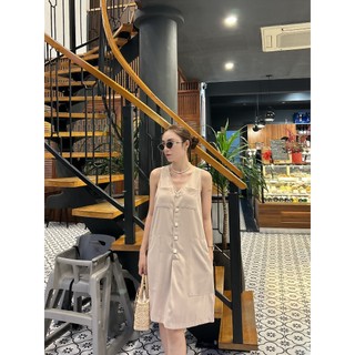 D117 đầm cổ v phom lỡ sát nách phối cúc áo to chất liệu silk hàn freesize