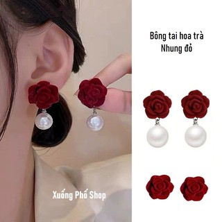 Bông tai hoa trà, bông tai hoa có châu tòn teng, màu đỏ nhung sang chảnh