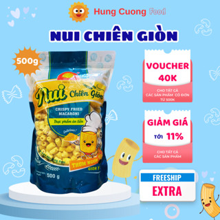 Nui chiên, nui sấy, nui chiên Hùng Cường, nui chiên giòn, nuôi chiên, snack, 500g, ăn vặt tuổi thơ