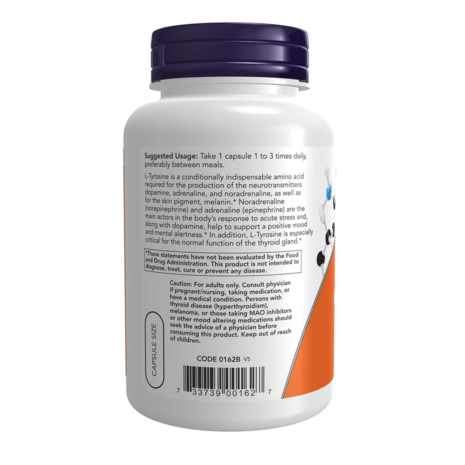 Viên uống Now L-Tyrosine 500mg hỗ trợ giảm căng thẳng, stress cải thiện trầm cảm, ổn định tuyến giáp