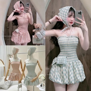 Váy caro cúp ngực chun nhúm xoè chân bí nơ kèm khăn turban xanh hồng dễ thương, Đầm hở vai sexy tôn dáng hottrend