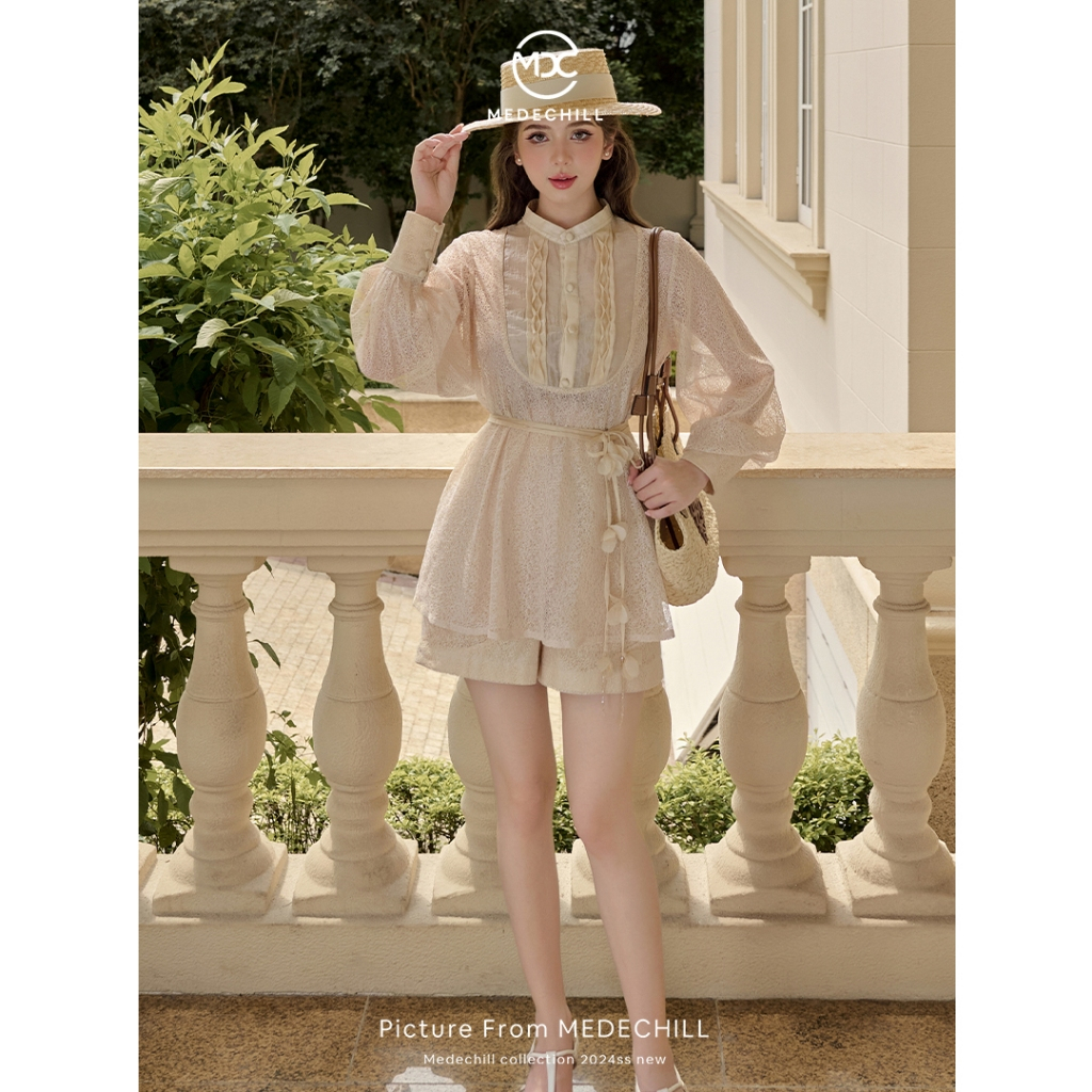 Set Áo Quần Ren Kèm Đai Hoa Siêu Xinh Medechill Phong Cách Tiểu Thư Thanh Lịch, Nhẹ Nhàng S623