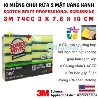 10 miếng chùi rửa 3m scotch brite professional scrubbing sponge 74cc 2 mặt vàng xanh 3 x 7.6 x 10 cm