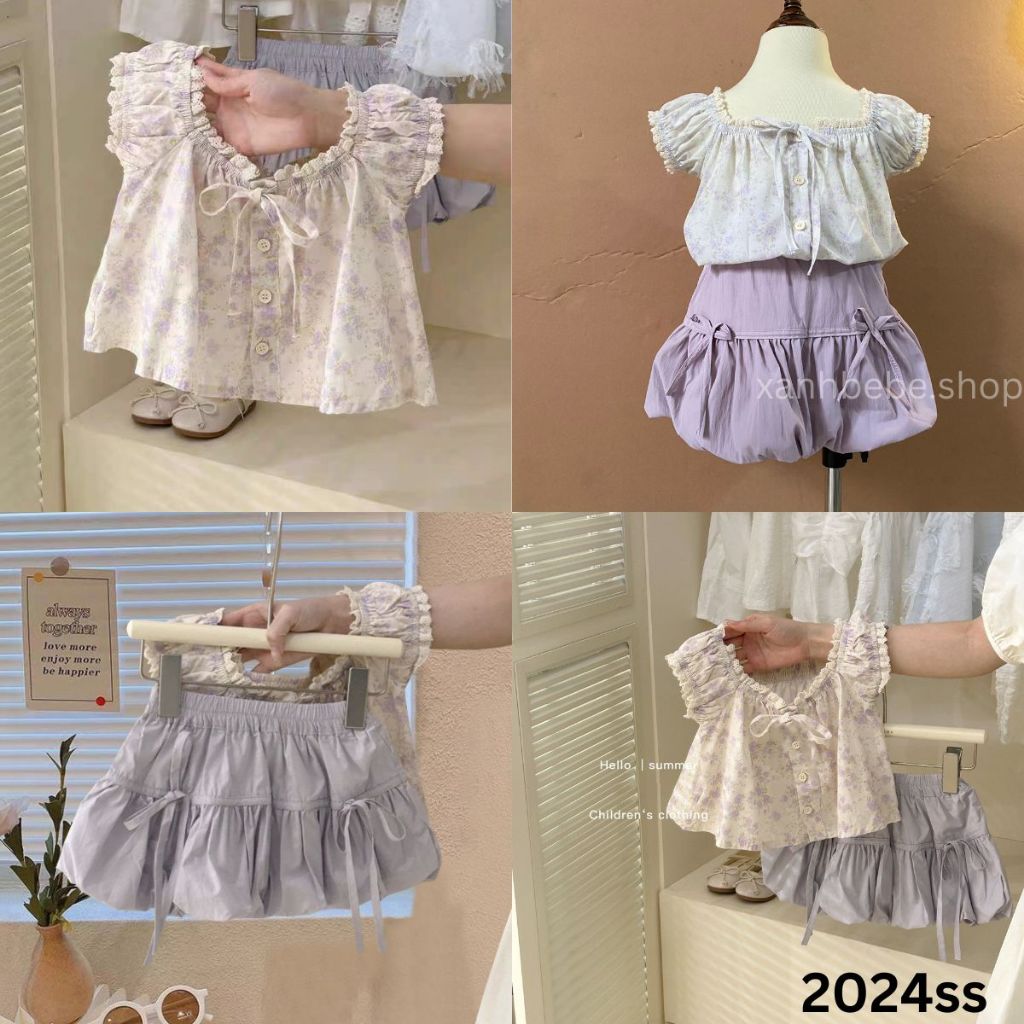 Set 2 chi tiết áo sơ mi ngắn tay viền ren hoa tím+ chân váy phồng nơ tím phong cách hàn bé gái 1-8T
