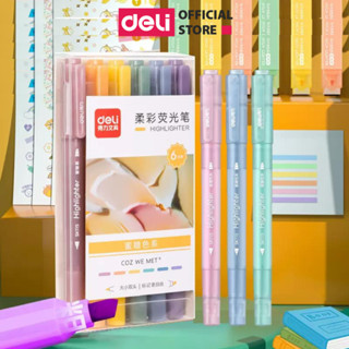 Set 6 Bút Highlight Nhớ Dòng Kèm Sticker Trang Trí Đánh Dấu Màu Pastel Deli Dạ Quang Tiện Lợi Cho Học Sinh Văn Phòng