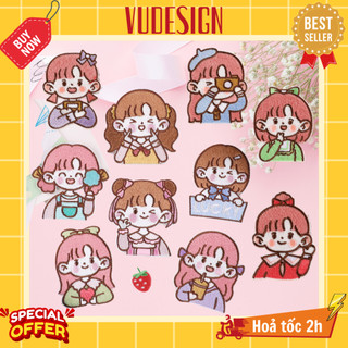 Sticker dán vải, sticker ủi thêu quần áo, balo, túi, mũ cô bé dễ thương bé gái cute vudesign
