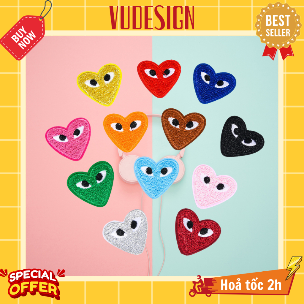 Sticker Vải, Sticker Ủi Thêu Quần Áo, Balo, Túi, Mũ Hình Trái Tim Logo PLAY Đủ Màu Vudesign