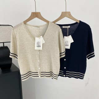   Hàng có sẵn  A041 - Áo len dệt kim I.MISS QCCC cổ V ngắn tay viền kẻ mùa xuân hè cho nữ phong cách Hàn Quốc 